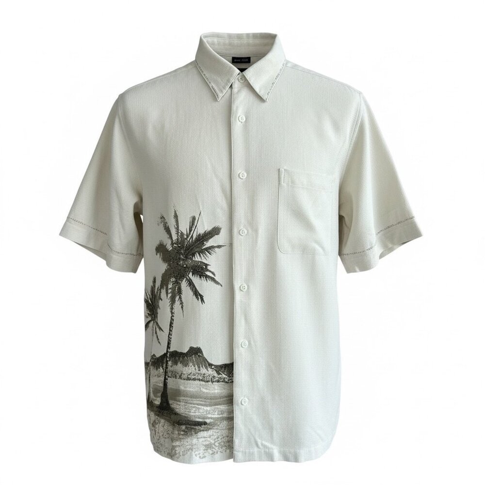 Claiborne Men's Vintage Hawaiian Shirt 100% Silk Diamond Head Palm Trees Size L